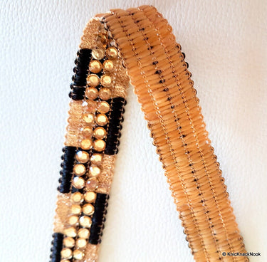 Black And Gold Shimmer Lace Trim With Diamante Beads Embellishments, Approx. 21mm Wide, - 140316L189